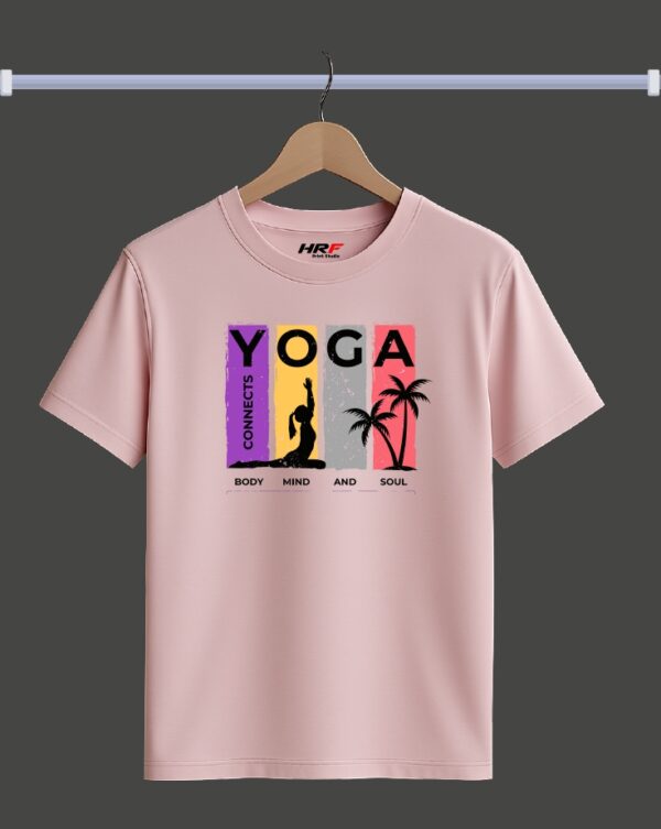 Yoga Connects Body Mind & Soul Printed White Cotton T-Shirt | Wellness & Spiritual Wear | HRF Print Studio
