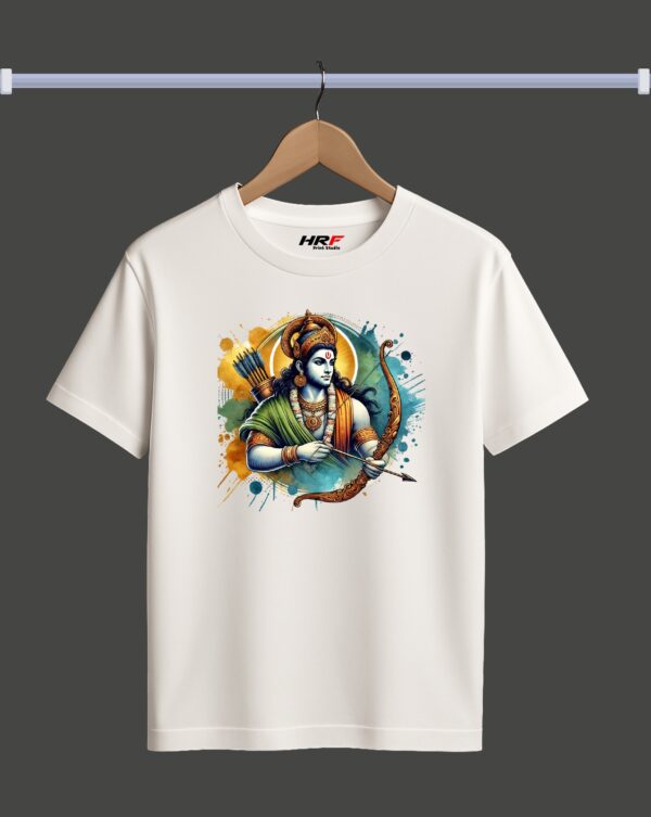 Lord Shri Ram Printed White Cotton T-Shirt | HRF Print Studio | Unisex Spiritual Wear with Bow & Arrow Design | 30 Wash Color & 100 Wash Print Warranty
