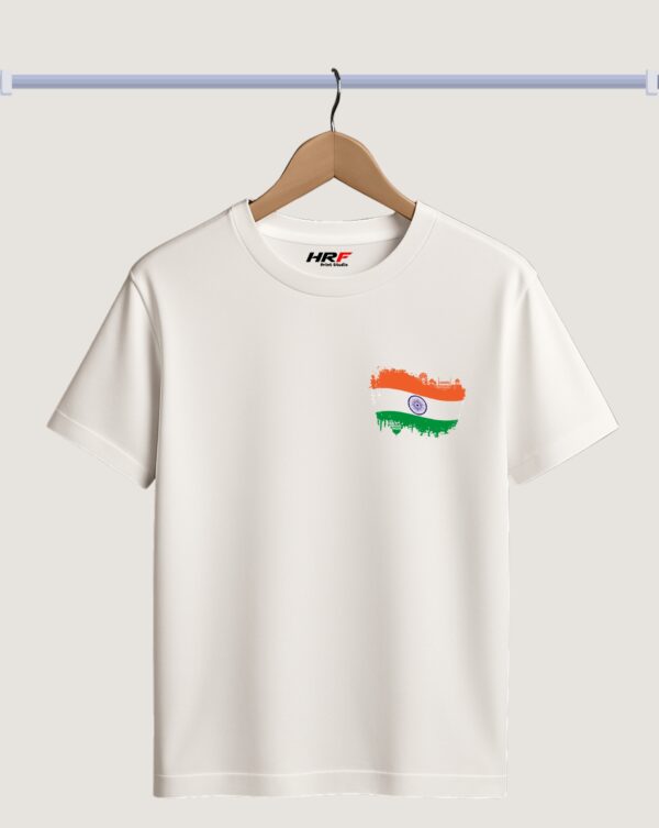 HRF Print Studio White Cotton Patriotic T-Shirt | Tricolor Brush Flag Design with Ashoka Chakra | 30 Wash Color Warranty & 100 Wash Print Warranty | Independence Day & Republic Day Special